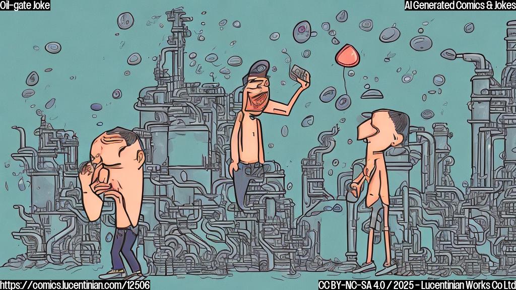 A cartoon-style drawing of a person with a puzzled expression, surrounded by oil rigs and barrels of oil. The person is holding a broken heart symbol made out of oil droplets, while their ex-girlfriend (represented as a silhouette) is seen walking away from them, carrying a suitcase labeled "Draining Emotional Resources".