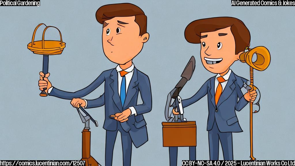 A cartoon image. A person wearing a suit and tie, holding a small ladder and garden shears, standing near a podium with a microphone. The background is a plain light blue. The art style is simple and minimalist.