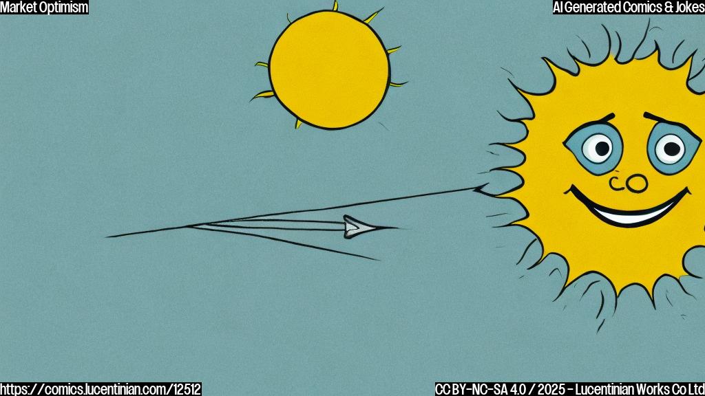 A plain light blue background cartoon with a simple upward pointing arrow, colored green, and a sun with a smiling face in the upper right corner.