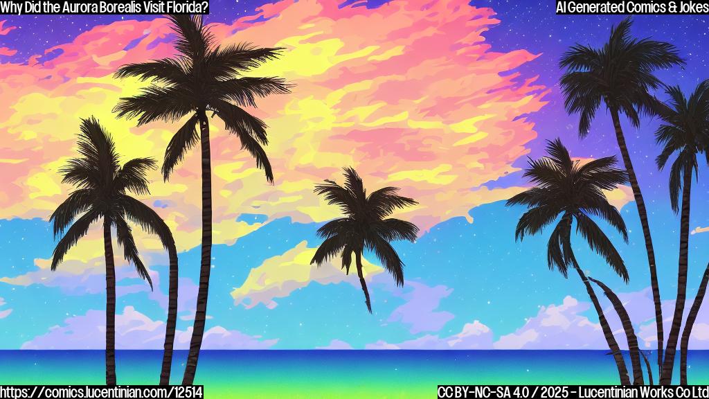 A plain color cartoon style picture of a bright, colorful aurora borealis shimmering above palm trees on a beach. A bottle of cartoon style sun tan lotion is near the palm trees. The sky is a gradient of dark blue to light purple.