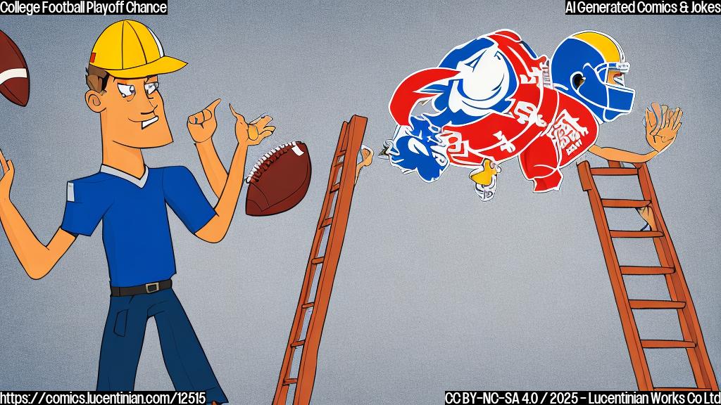 a cartoon image of a college football fan, wearing team colors, holding a ridiculously large ladder. He is looking hopefully at a giant bracket-style chart labeled "Playoff Rankings". The chart shows various teams, and the fan is trying to place his team's logo high up on the ladder. The style is simple and colorful, like a children's book illustration.