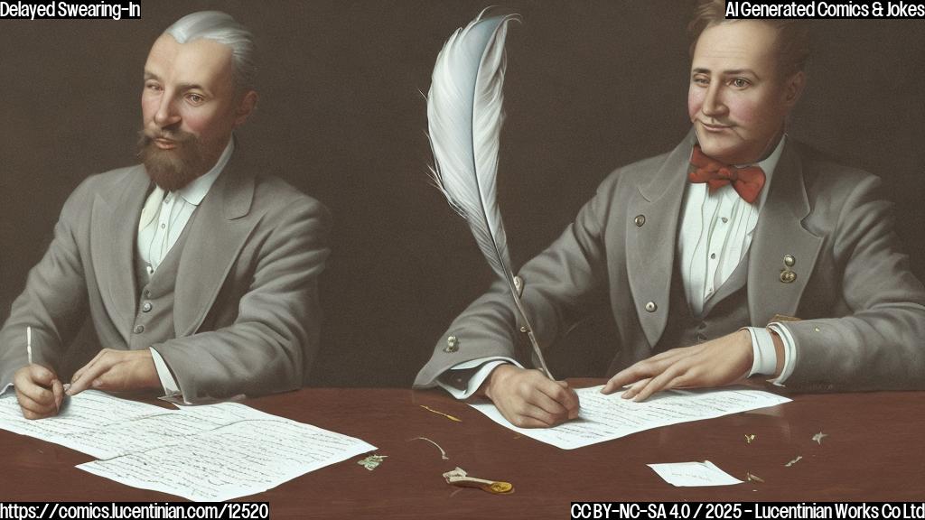 A cartoon image showing a person wearing formal wear sitting at a desk signing a document with a very old feather quill. Dust motes float in the air. A calendar on the wall shows a date from over ten years ago.