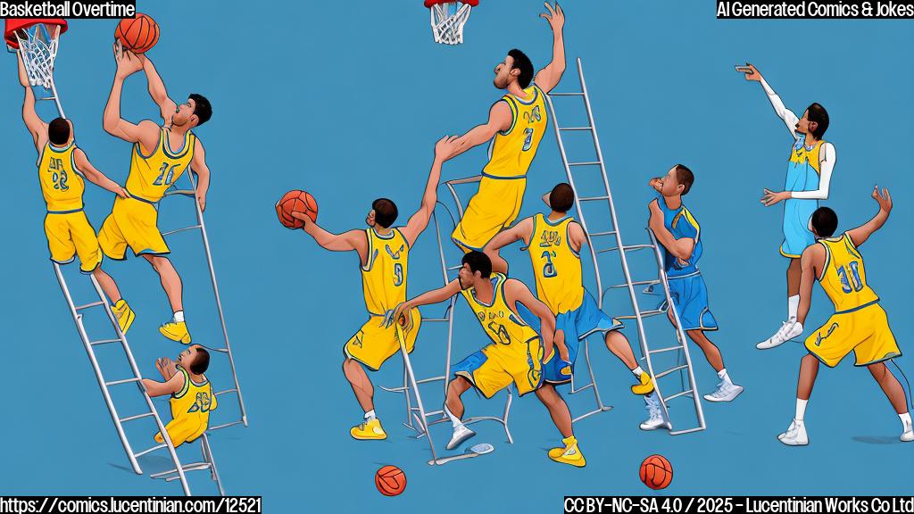 Cartoon style, plain light blue background, a basketball team of five players with blue and yellow uniforms, one player is carrying a comically large ladder.
