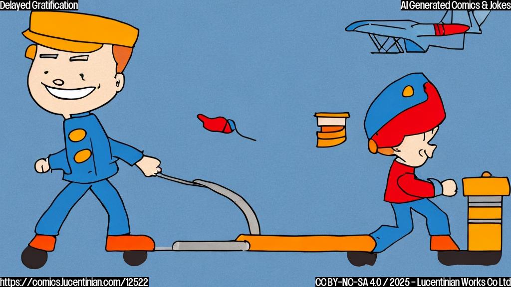 A simple cartoon image. A smiling passenger, wearing a bright blue jacket and carrying a red ladder, stands on an empty tarmac looking hopefully at a slightly cloudy blue sky. An airplane is visible as a small dot very far away. The style is plain, with flat colors and thick black outlines.