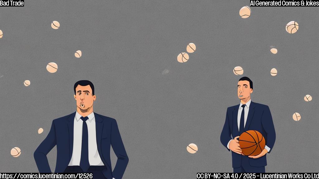A cartoon basketball general manager with a concerned expression, wearing a suit, watching a basketball player dribbling into a brick wall. The background is a plain light blue color.