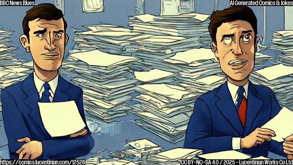 a plain cartoon style picture. A stressed-looking man in a suit sits at a large desk piled high with papers. A television screen behind him displays only static. The scene is bathed in a blue light.