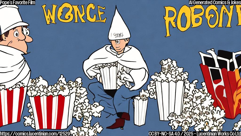 A simple cartoon illustration of a white-robed figure with a tall white hat sitting in a movie theater, popcorn in hand, watching a movie screen showing a title card with large Roman numerals. The background is a plain light blue.