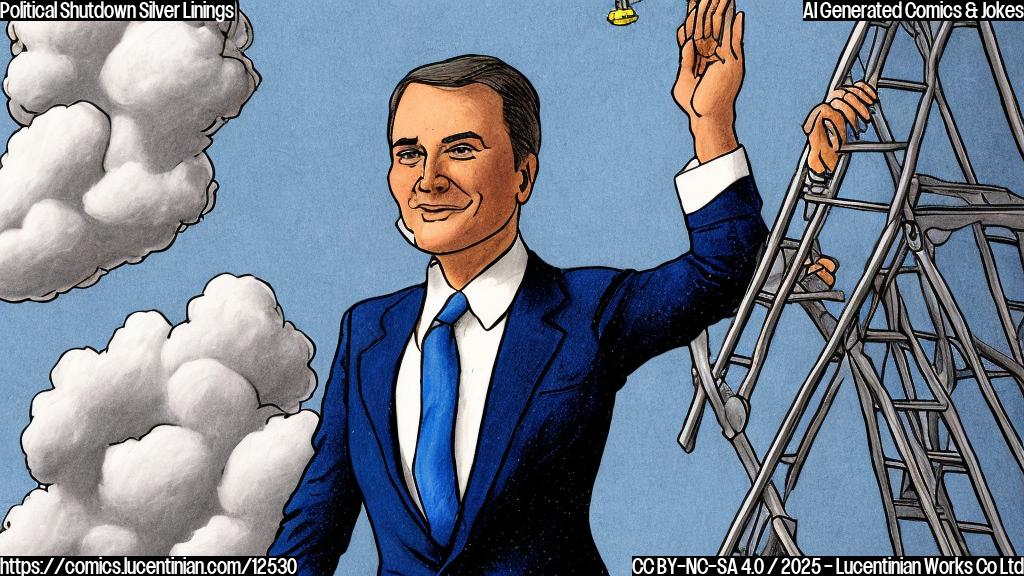 A cartoon drawing of a person dressed in a dark suit with a blue tie, representing a politician, standing next to a tall ladder, reaching for a cartoon cloud with a silver lining. The background is a plain light blue.