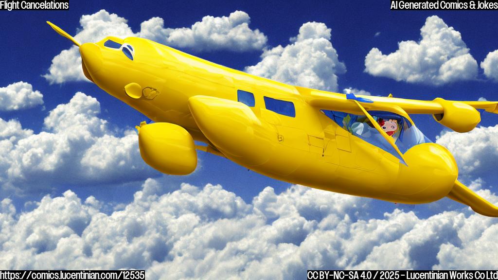A cartoon image of a bright yellow airplane with big, tired eyes wearing a sleeping mask, floating gently above a field of fluffy white clouds. The sky is a peaceful light blue.