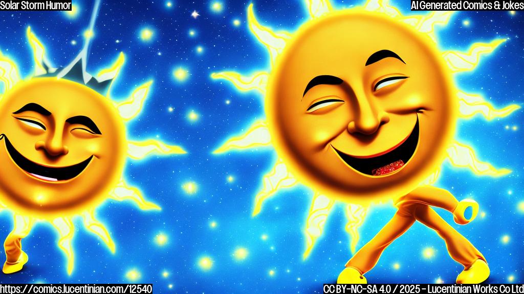 A bright yellow cartoon sun wearing a tiny theatrical mask, standing on a stage with a spotlight on it. The background is a deep blue with twinkling stars. The sun has a mischievous grin.