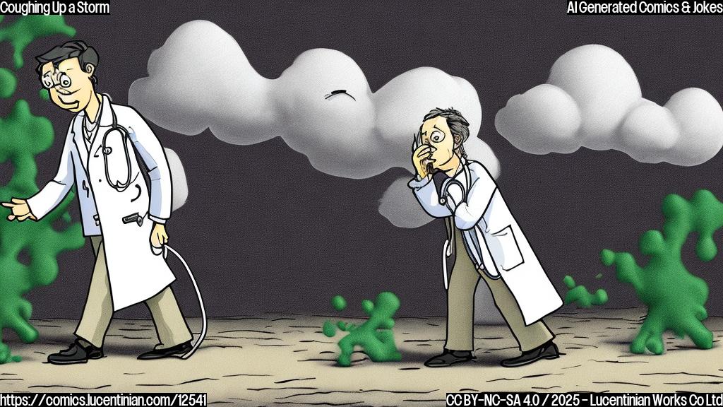 Plain color cartoon of a sad doctor in a white coat walking away from a cloud of coughing, green germs with sad faces.