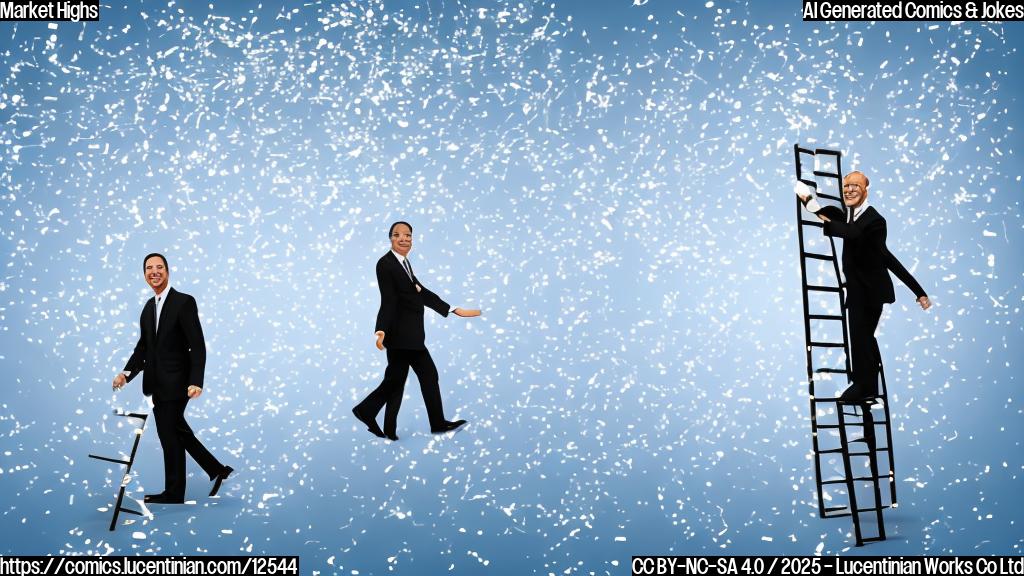 A cartoon style image of a smiling person in a business suit carrying a ladder towards a building with a large ticker tape displaying numbers going up. The background is a plain light blue color.