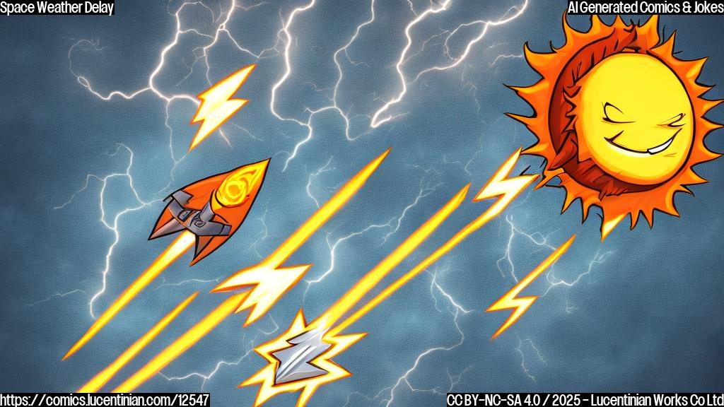 cartoon style, a sun with an angry face throwing lightning bolts towards a small rocket on a launchpad, plain color background