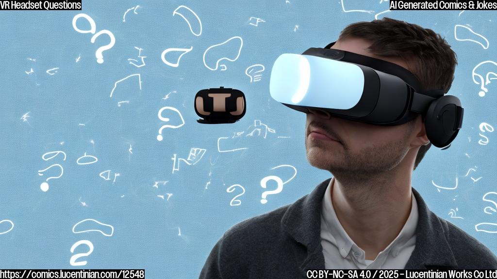 A cartoon-style image of a person with short brown hair wearing a VR headset, eyes wide with confusion, surrounded by floating question marks. The background is a plain light blue.