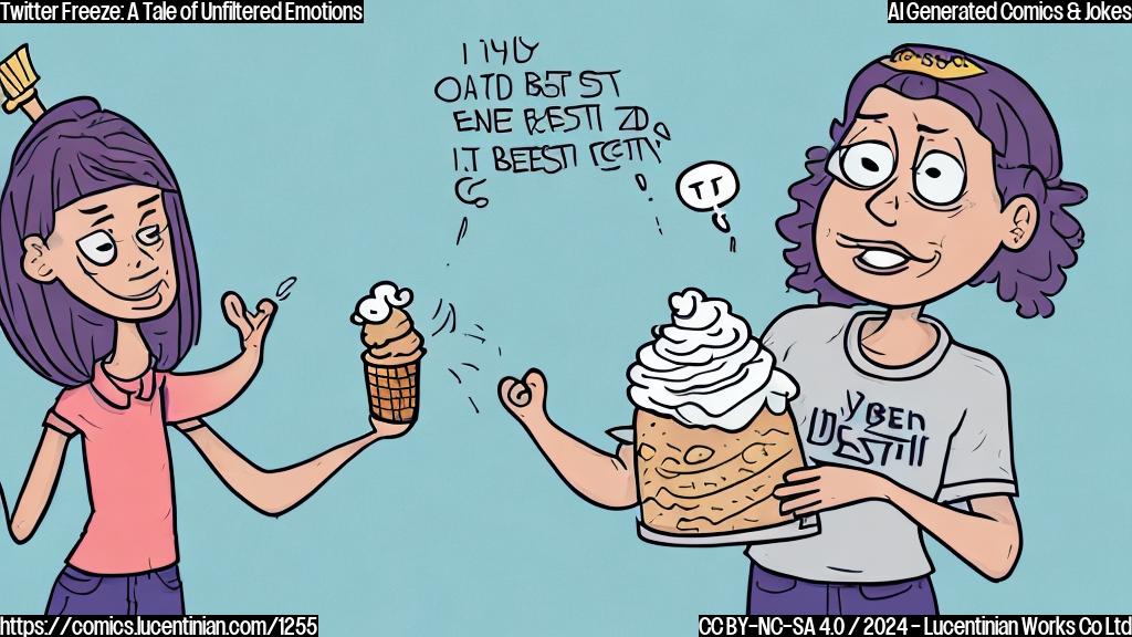 Draw a cartoon style image of a person (Rachel Zegler) with a speech bubble saying "I let my emotions get the best of me" and a sad-looking ice cream cone next to her, as if she's getting "iced out" from Twitter. The background should be a blurred social media feed with people reacting negatively to her tweet.