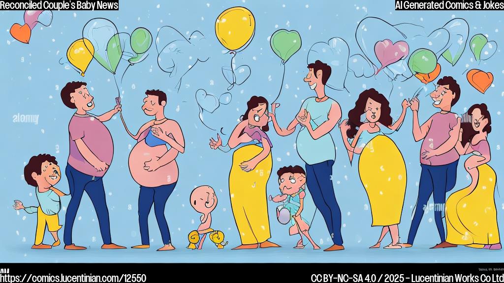 a happy cartoon couple with the wife having a big pregnant belly. The husband is looking at her with love, and they are surrounded by baby toys. Plain color cartoon style.