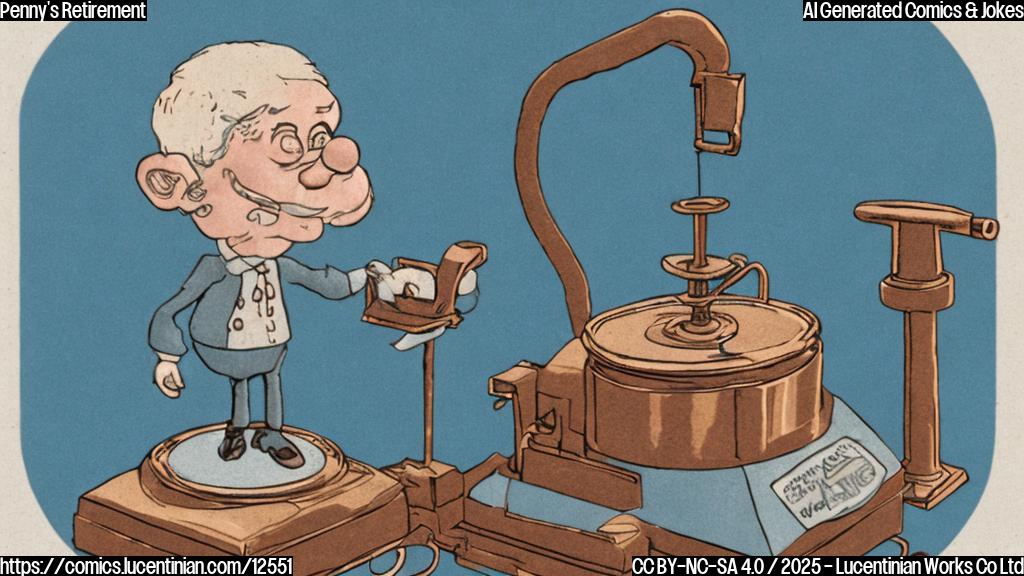 A sad, round, copper-colored coin with the number "1" on it, wearing a tiny retirement hat and holding a miniature cane, standing next to an empty coin press machine in a factory. The background is plain light blue. Cartoon style.