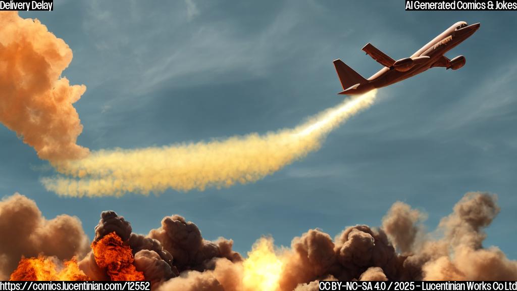 A cartoon style image of a brown delivery plane falling from the sky, leaving a trail of smoke. The background is a plain light blue color.