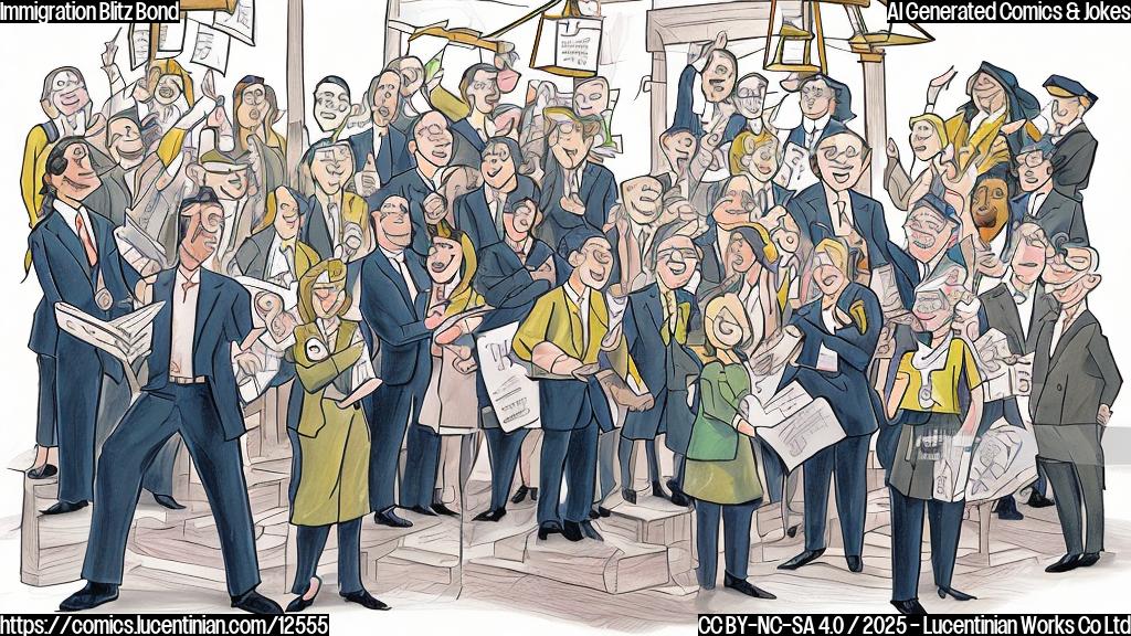 A cartoon-style illustration of a courtroom scene. A lawyer with a briefcase is placing a ladder against a large, stylized "Bond" sign above a group of people with worried expressions. The color scheme should be simple and use only a few bright, plain colors.