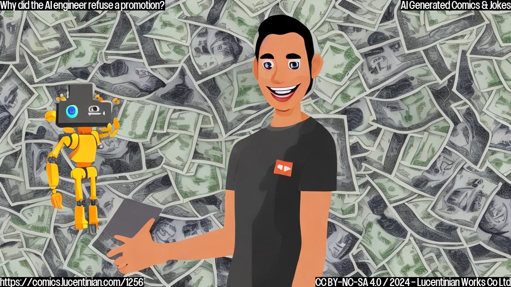 A person with a big smile and open arms, standing in front of a giant stack of money and surrounded by computers and coding machines, with a subtle hint of a robot arm in the background, in a cartoonish plain color style.