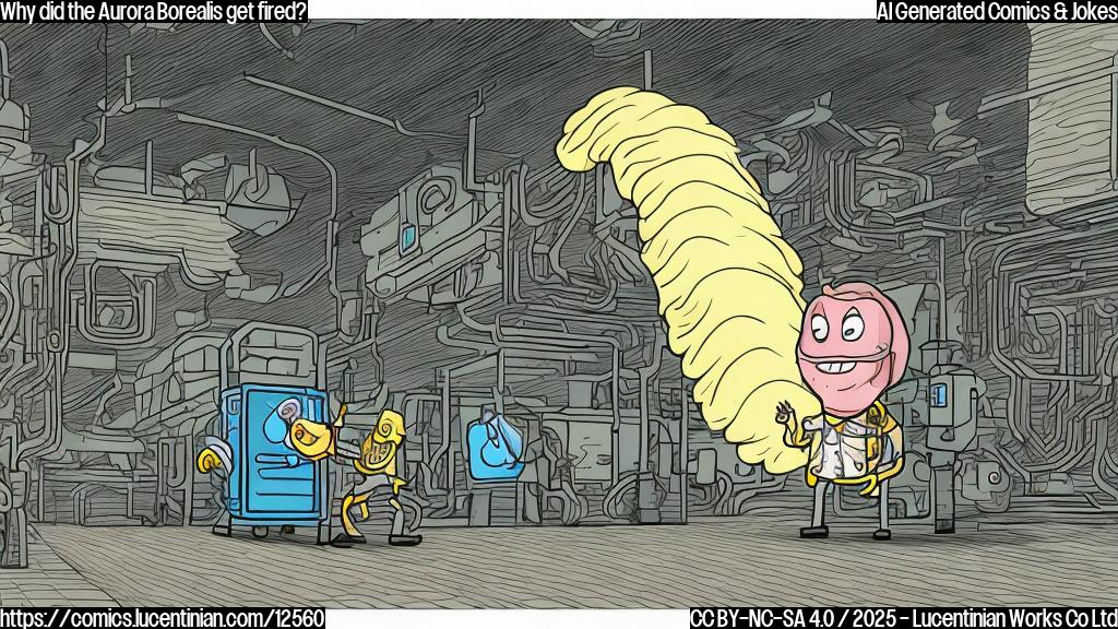 Plain color cartoon style image of a sad, colorful, wavy light being escorted out of a generic-looking factory by a stern-looking, gray security guard. The light has a face with downturned mouth.