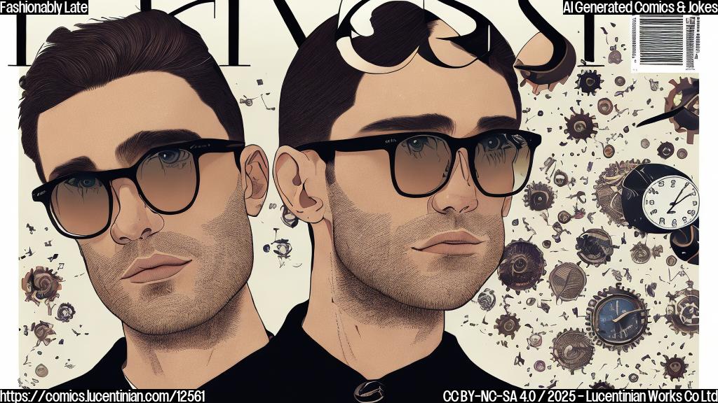 A simple cartoon image depicting a very stylish magazine cover with the words "Next Season" in large, bold letters. The magazine is slightly crumpled and has a frustrated-looking person with stylish sunglasses and a sharp haircut standing behind it, looking stressed and surrounded by clocks all showing different times. The background is a plain pastel color.