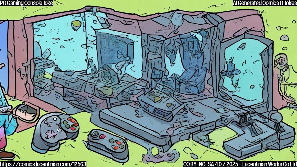 A cartoon-style drawing of a frustrated-looking gaming console with a controller in its hand, standing outside a brightly lit house with other gaming consoles visible through the window.