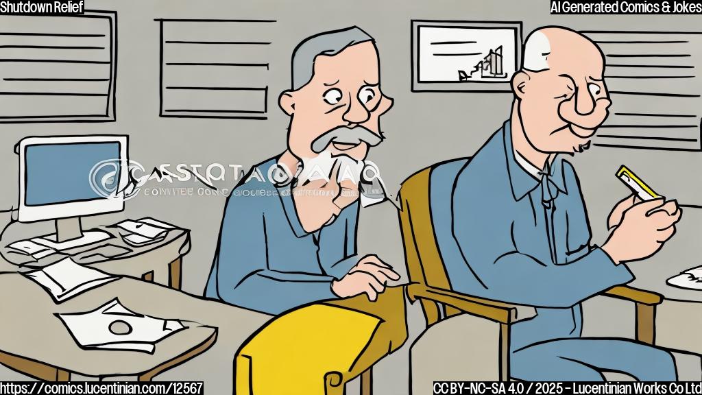 a simple cartoon image. A pale yellow colored sad-looking government worker with a neatly trimmed grey beard is looking into an empty bank account. The style should be plain and cartoonish.