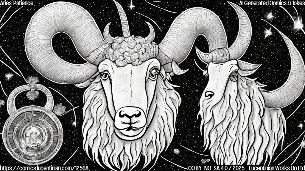 A cartoon style drawing, a light gray background, a fluffy white ram with big horns looking annoyed at a glowing horoscope with star symbols around it.