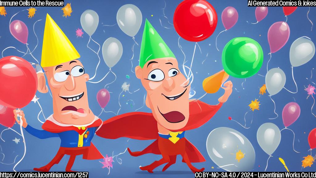 A cartoon of an immune cell with a party hat and balloons, surrounded by a shrinking cancer tumor in the background, with a few cancer cells trying to escape but being held back by the immune cell's arms. The immune cell is wearing a superhero cape and has a big smile on its face.