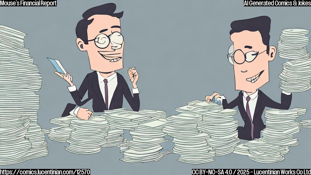 A cartoon-style illustration of an accountant with a stressed expression, sitting at a desk piled high with financial reports. In the background, a faint outline of a rollercoaster can be seen. The overall color scheme is plain and pastel.