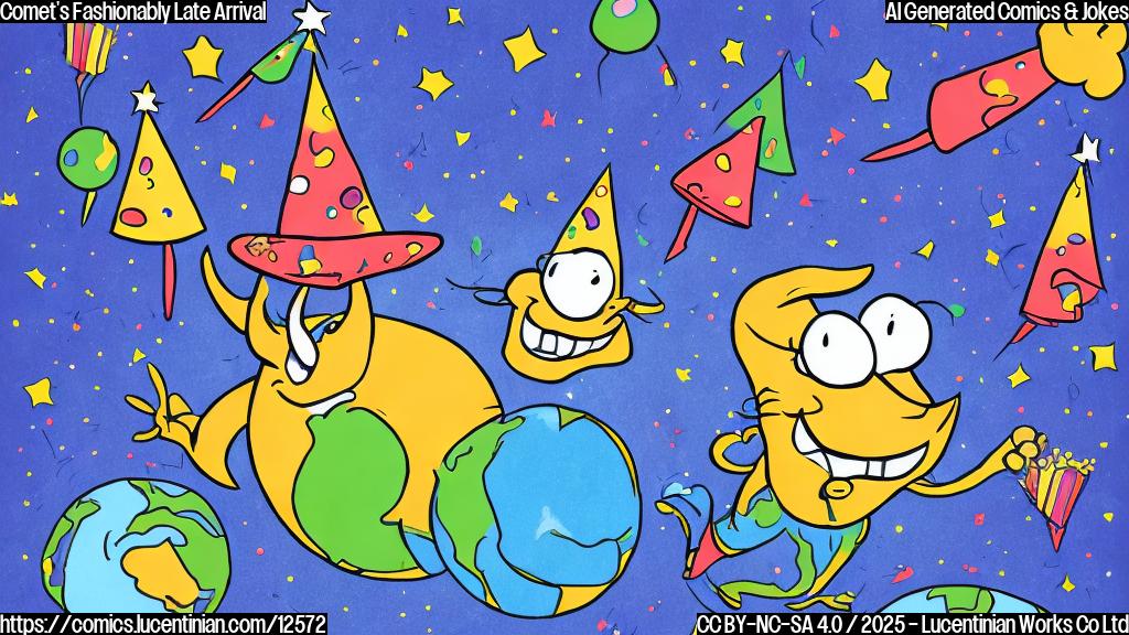 A cartoon comet with a goofy expression wearing a tiny party hat, zooming past a bewildered-looking Earth.