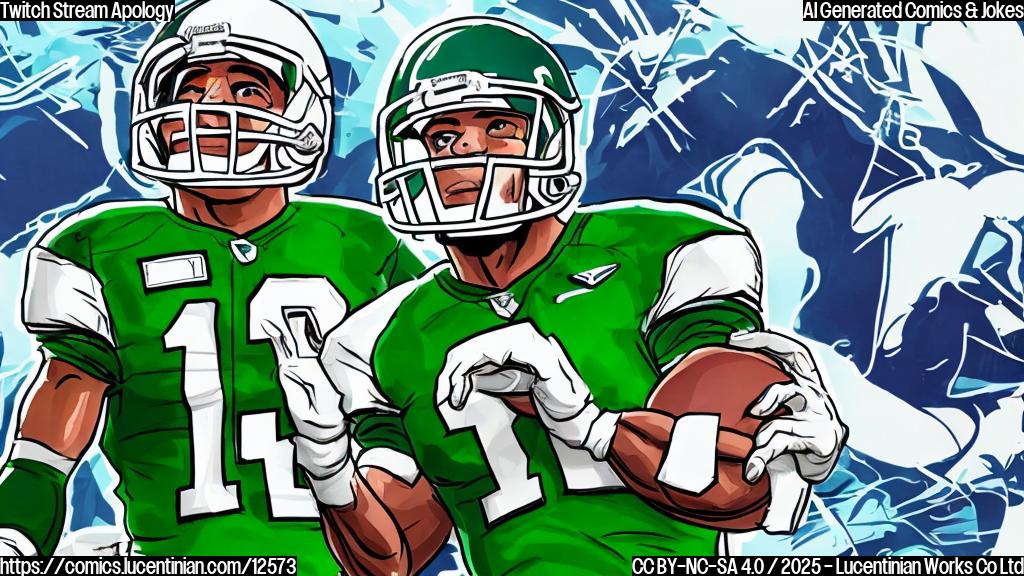 A cartoon drawing of a muscular wide receiver wearing a green jersey with a white number, standing in front of a computer with a Twitch logo on the screen, looking defiant and unapologetic. The background is a simple plain light blue color.