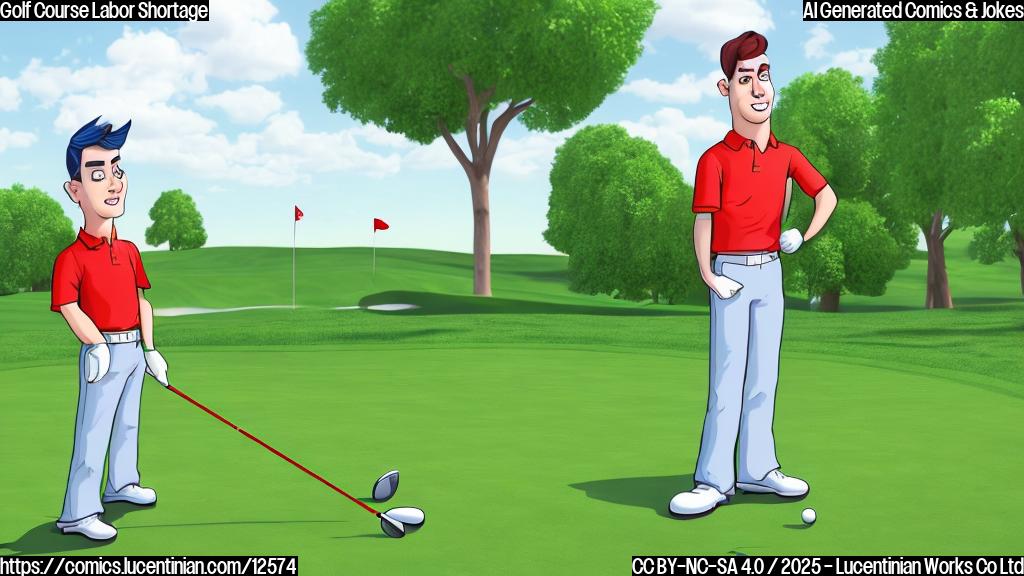 Cartoon of a man in a golfing outfit looking exasperated while standing on a very meticulously manicured green. Several cartoon people with generic features are working on the green, wearing simple uniforms. The sky is bright blue and cloudless. The style is simple and uses plain colors.