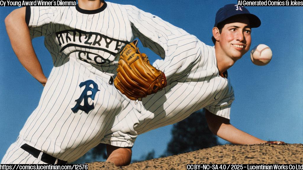 A cartoon style image of a young baseball pitcher with a bright, determined look on his face, gazing upwards towards a very steep hill that looks like the Cy Young trophy. The sky is a simple plain color.