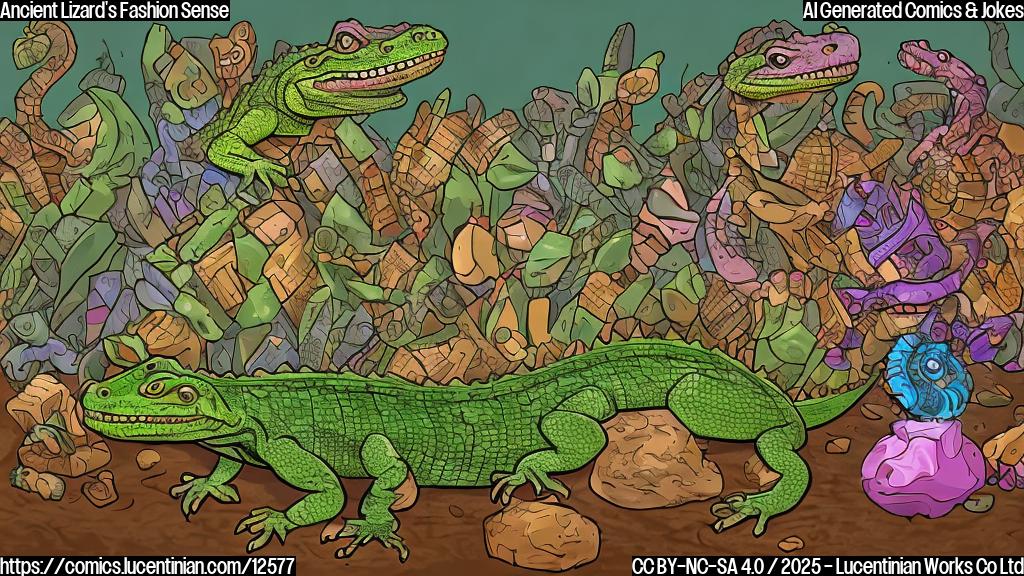 A cartoon-style image of a large, four-legged lizard with bony plates covering its back, standing at a party filled with other ancient creatures. The lizard is holding a stack of plates, and the other creatures are smiling and reaching for them. The scene is brightly lit and colorful. The lizard resembles a crocodile but is more dinosaur-like in posture and form.