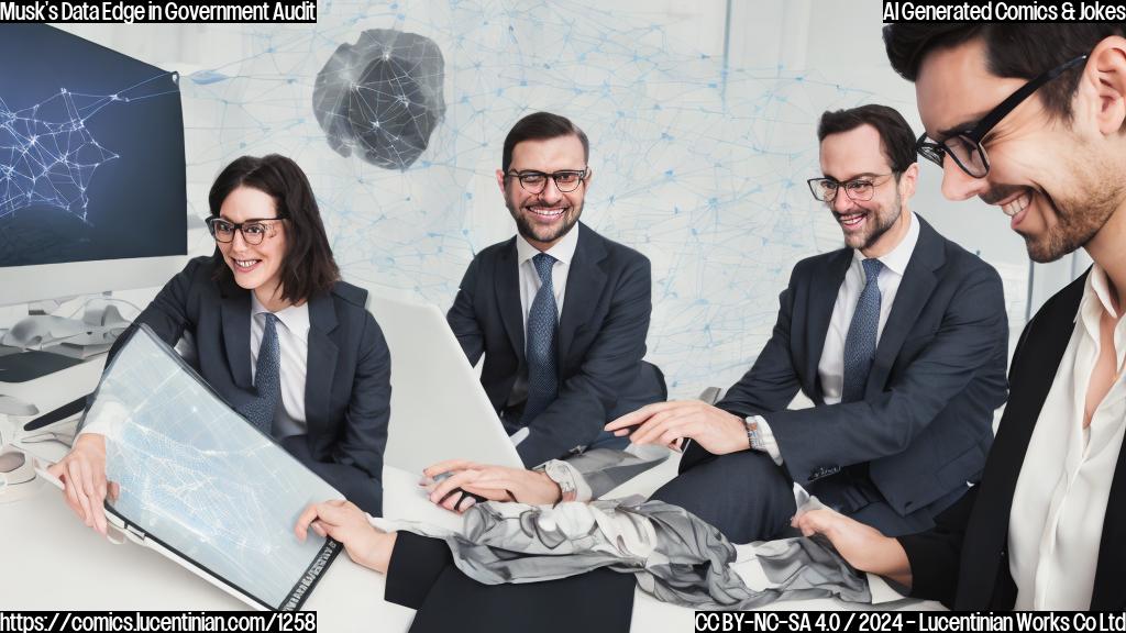 a person with glasses, looking at a computer screen displaying a complex chart with many interconnected lines and nodes; a woman with short, dark hair wearing a suit standing beside the man, both are smiling and looking at the screen together