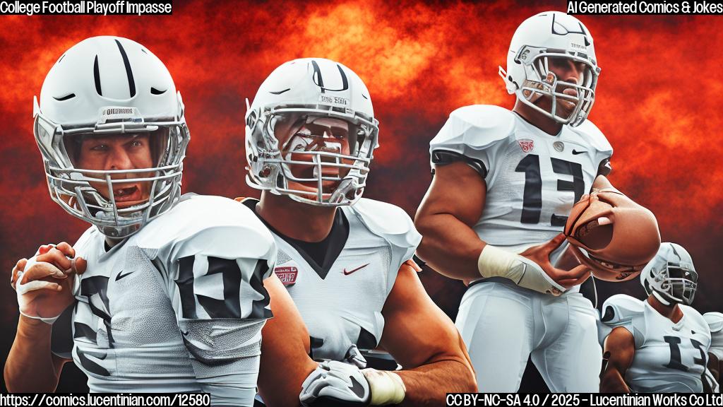 A cartoon drawing of two large, muscular football players, one wearing a helmet with "Big Ten" written on it and the other with a helmet with "SEC" written on it, standing back-to-back and glaring in opposite directions. The background is a blurred image of a football stadium. The color palette is bright and saturated.