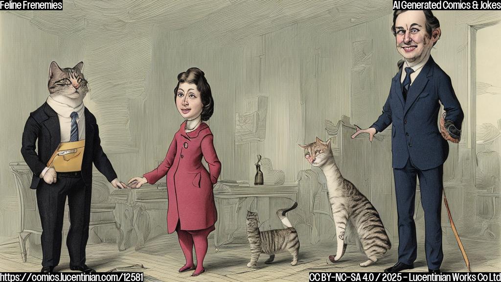 A plain color cartoon style picture of a disgraced real-estate mogul with a feline smile and a nervy writer, standing next to each other, looking like frenemies.