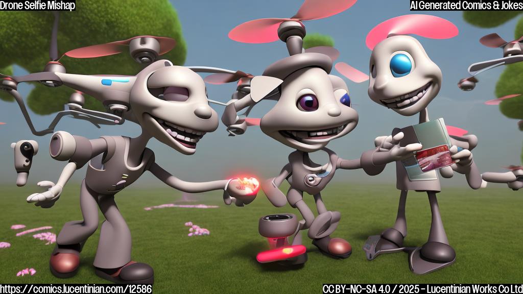 Describe a cartoon style image of a smiling, anthropomorphic drone wearing a therapist's hat and holding a tablet with a puzzled expression. The drone has a few gesture sticks coming out of its body, indicating the new obstacle avoidance features. In the background, there are multiple blurred objects (e.g., trees, buildings) that the drone is trying to avoid but seems to be having trouble with.