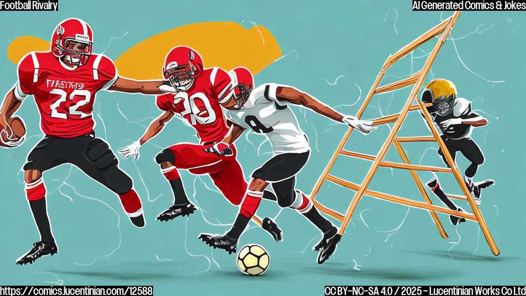 A cartoon illustration of two football teams facing each other on a football field. One team is using a ladder to try and reach the other team's players, who are standing on a raised platform. The style is simple and brightly colored.