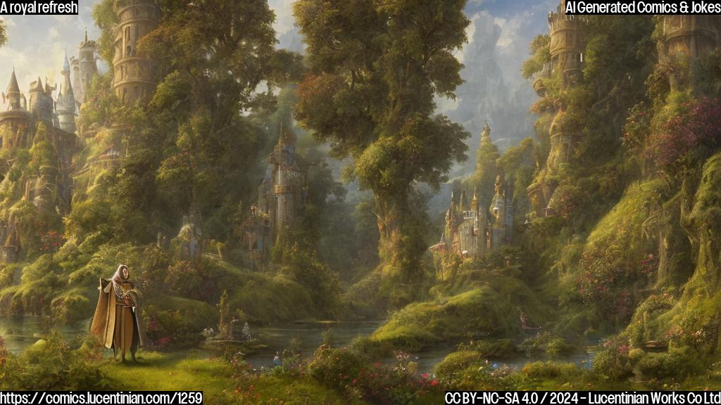 a medieval king with a smartphone, standing in front of a fairy-tale castle with towers and a moat, surrounded by lush greenery and sunlight filtering through the trees