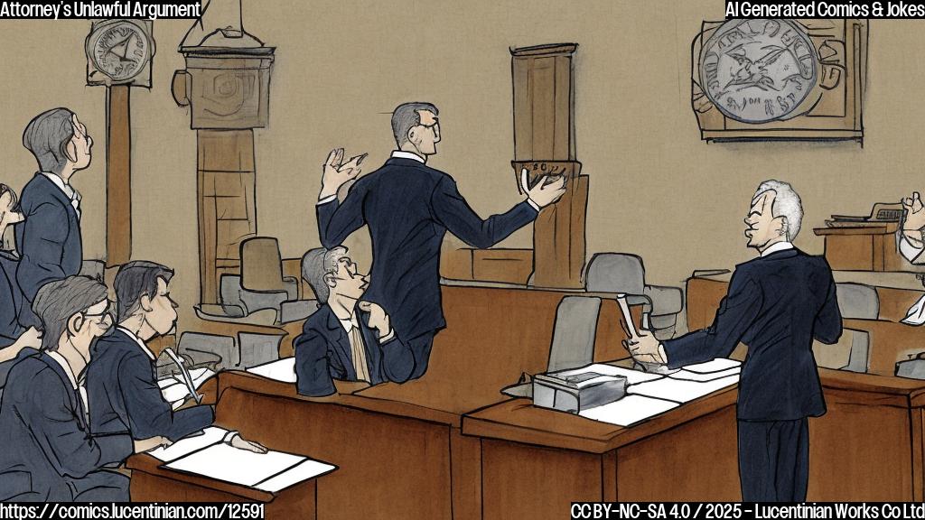 A cartoon image of a lawyer in a courtroom, holding a ladder. He's speaking to the judge, who looks confused. The background is a simplified courtroom scene in plain colors.