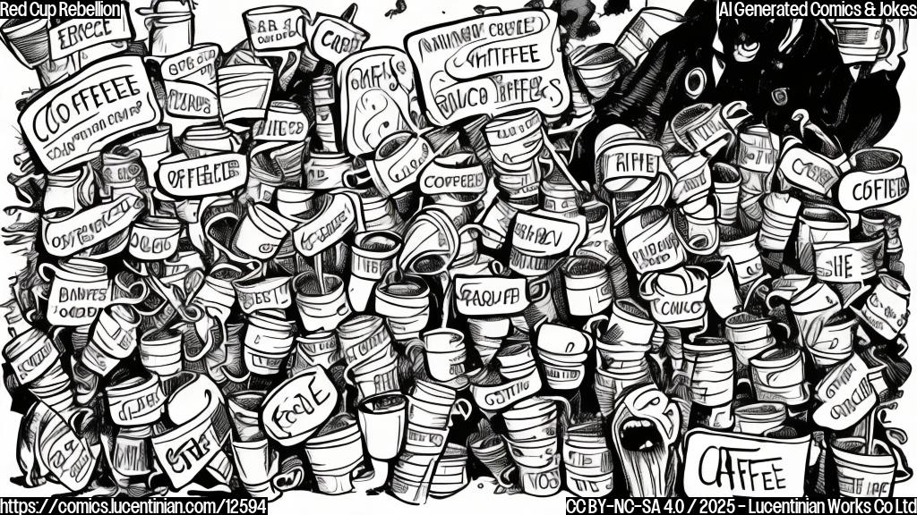 A plain color cartoon style picture of several coffee cups with angry faces holding picket signs with slogans like "Fair Wages Now!" and "No More Burnt Deals!". The background should be a simple red color with a stylized coffee shop in the distance.