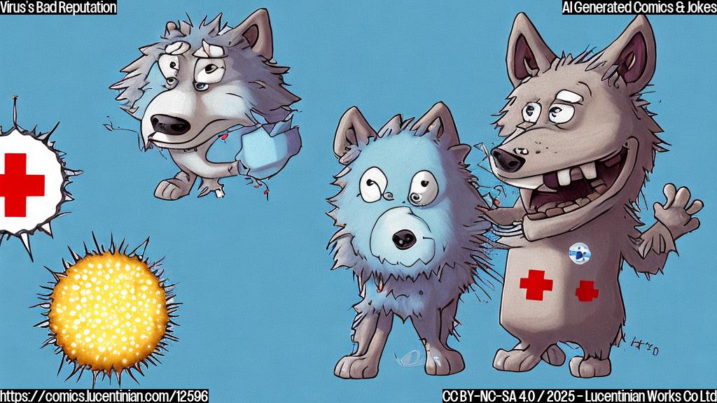 A light blue cartoon drawing of a sad looking virus particle with spiky protrusions, standing next to a wilting cartoon drawing of a wolf wearing a red cross armband, both characters on a plain white background.