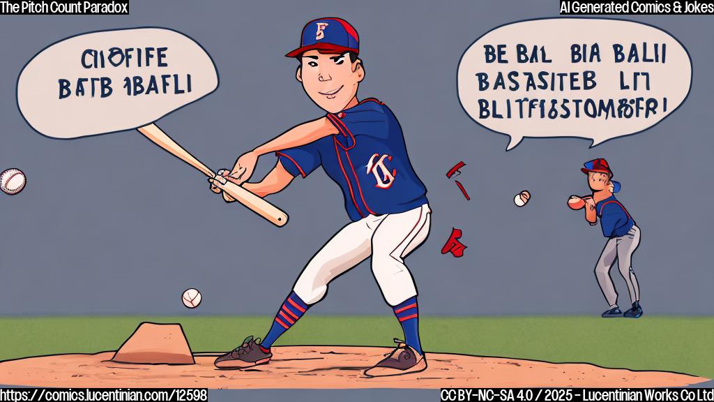 Cartoon drawing in plain color style. A young adult baseball player with a determined expression stands on a baseball pitching mound, wearing a baseball uniform. Speech bubble is above his head, there are numbers in his speech bubble.