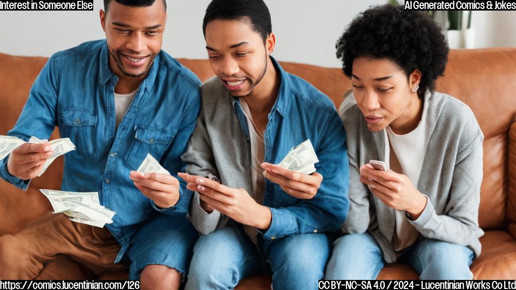 A person holding a large amount of money, sitting on a couch next to another person who is checking their phone. The person holding the money has a surprised and disappointed expression, while the other person looks pleased with themselves.