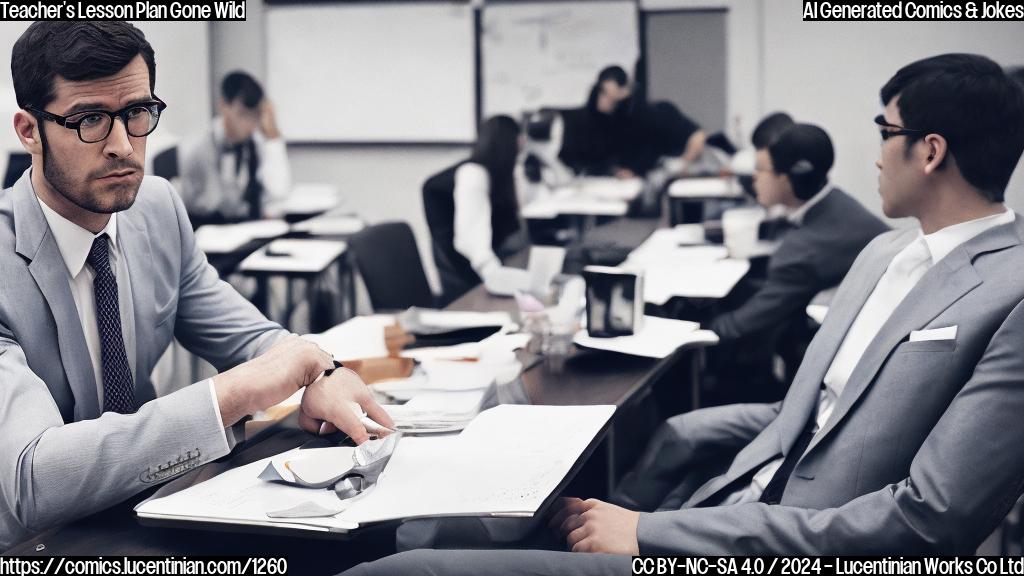 A stern-looking man with a suit and glasses sitting at a desk, holding a tablet with a YouTube logo on the screen behind him. The background is a blurred image of a classroom with students looking bored.
