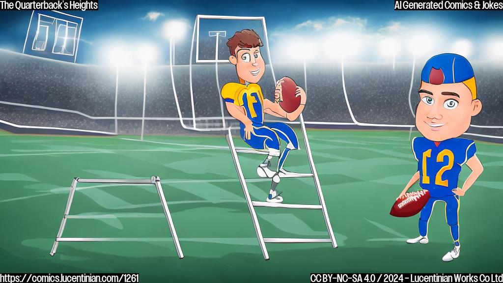 Draw a cartoon of a football player holding a ladder, with a football field and scoreboard in the background.