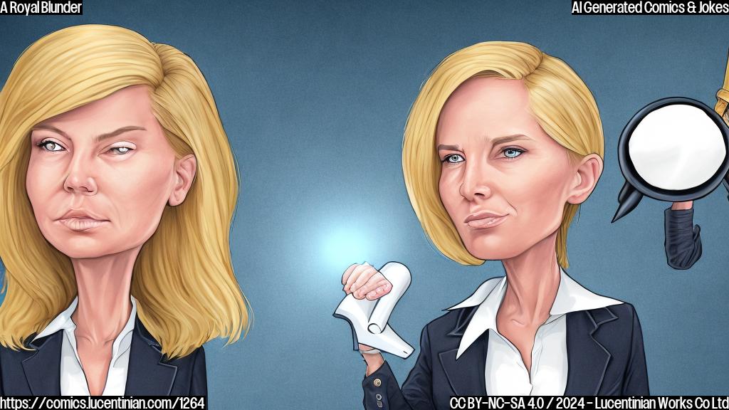 Illustrate a cartoon of a stern-looking woman with a blonde hairstyle and a suit, holding a megaphone and standing in front of a large screen displaying Elon Musk's face. The background is blurred to convey a sense of distance or chaos.